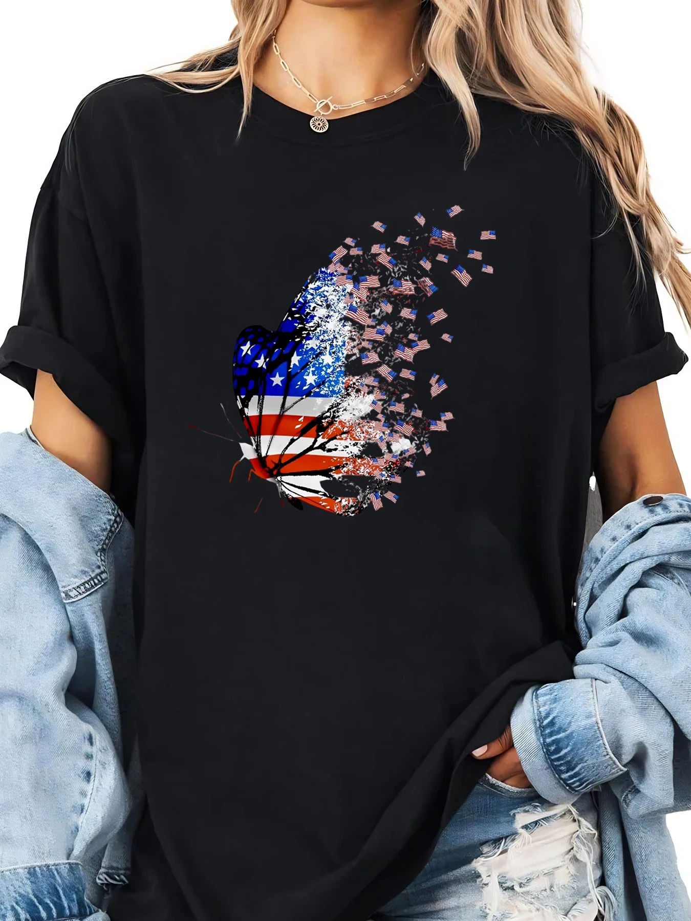 T-shirt per il Giorno dell'Indipendenza con stampa a farfalla con bandiera americana, abito estivo casual da donna, nero taglie forti