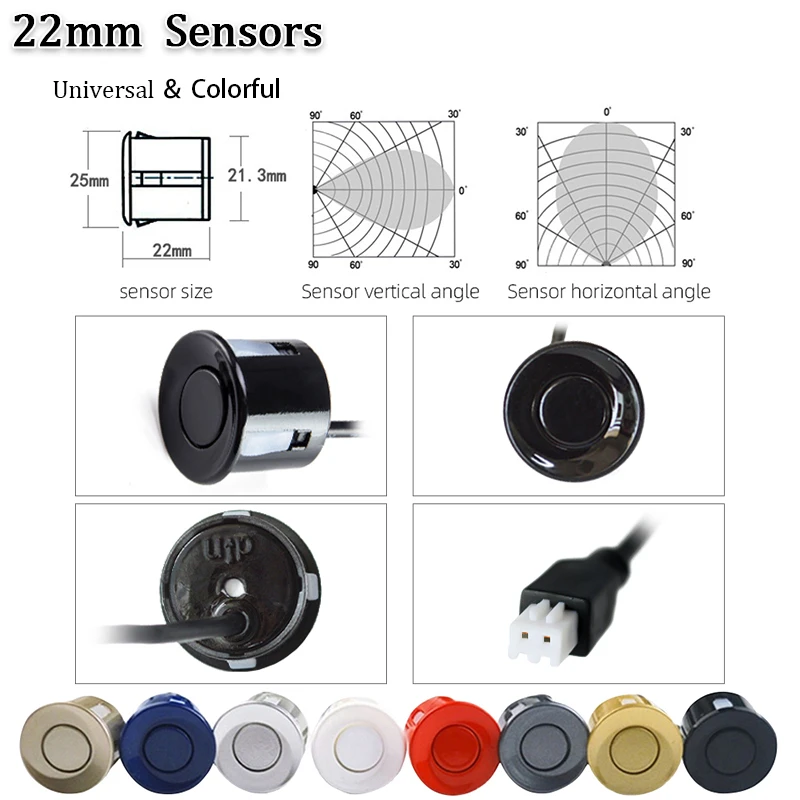 Hippcron 자동차 LED 주차 센서 키트, 역방향 레이더 사운드 경고 시스템, 8 가지 색상, 4 센서, 22mm