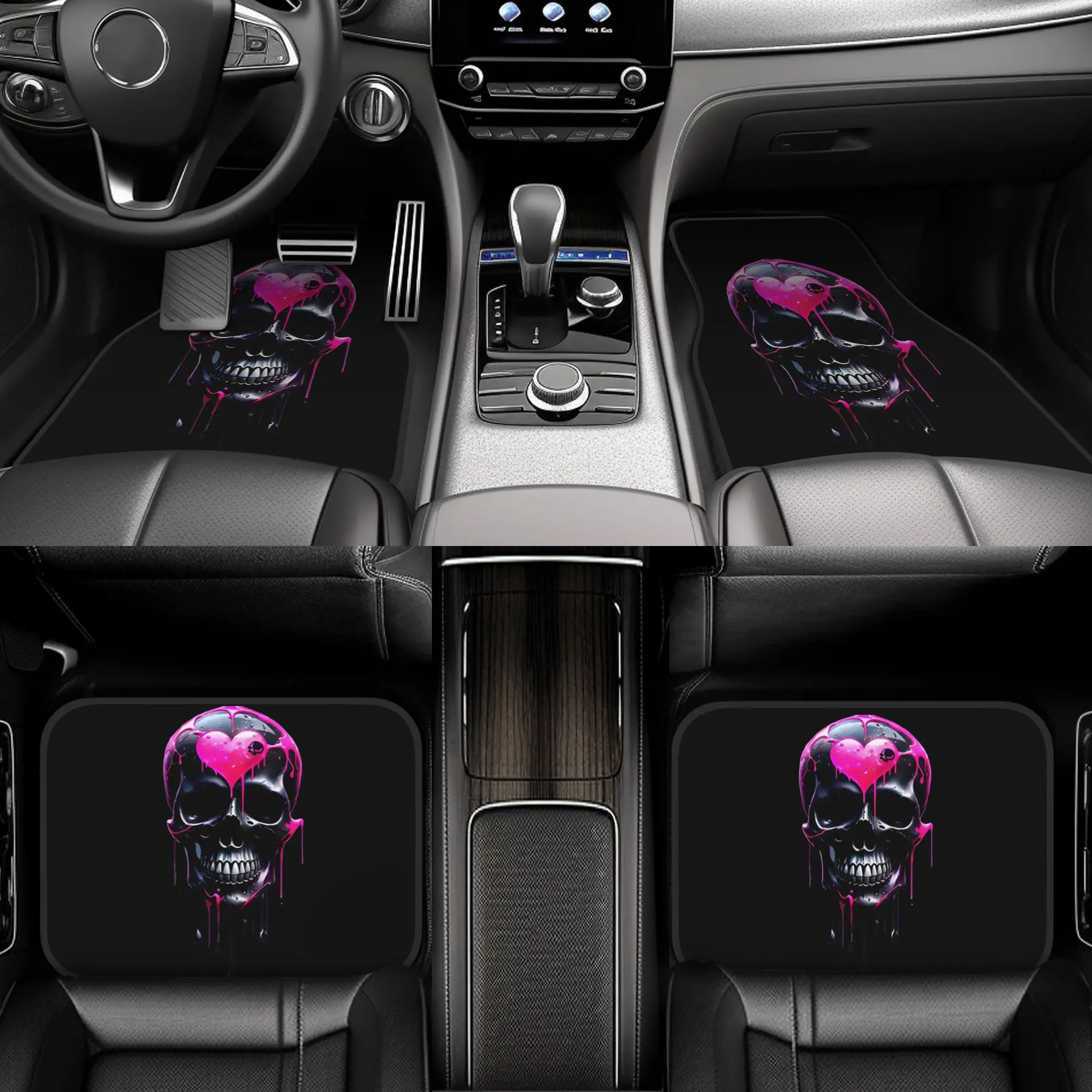 Set of 4 Pink Heart Skull Car Mats - Easy to Clean Interior Add-Ons | Fits Most view 2