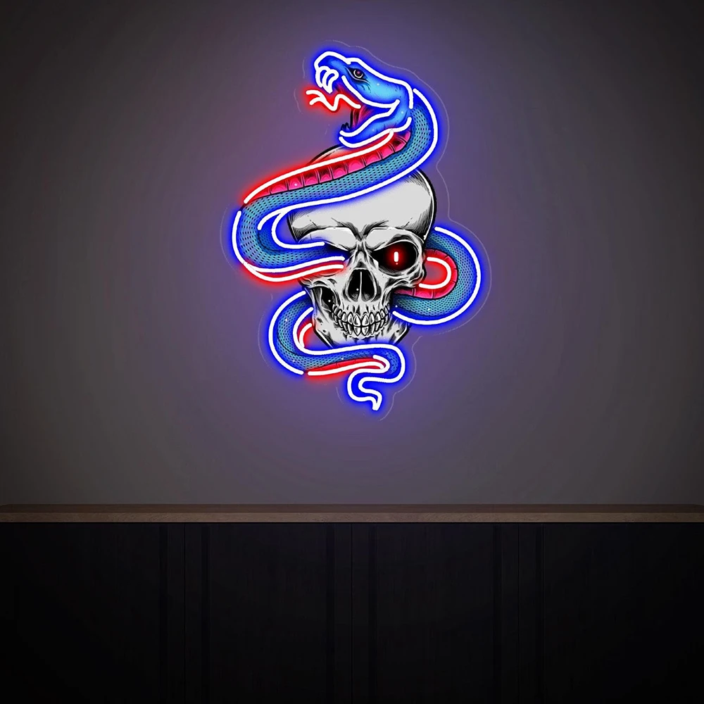 Skull and Snake Neon Sign Handmade Living Room Home Bar Club Wall Hanging Decor Led Neon Light Custom UV Printing Neon Sign