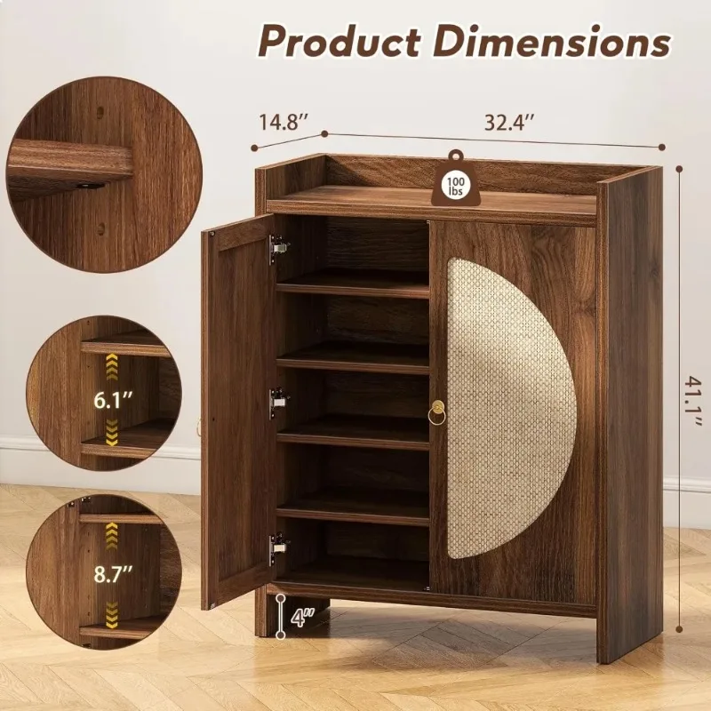 Cabinet Storage for Entryway - Rattan Entry Way Shoe Storage Cabinet with Adjustable Shelves, Wood Shoe Organizer Cabinet