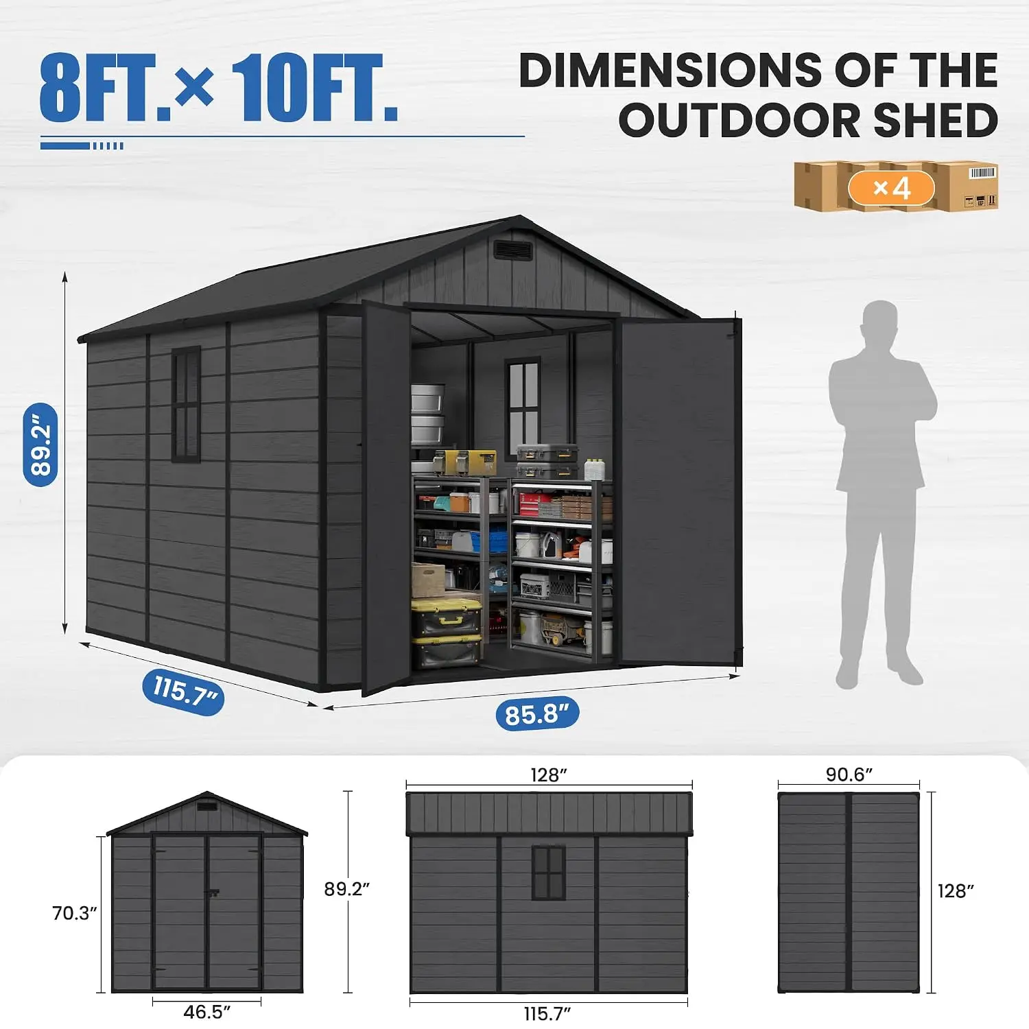 8X10 FT Resin Storage Shed Outdoor Garden Tool House, Customized