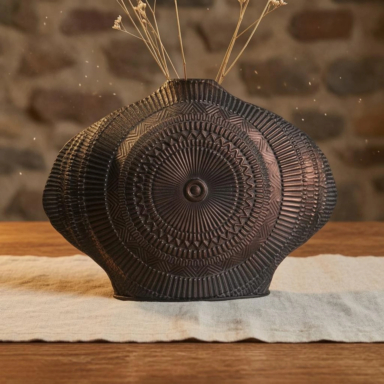 Decorative Iron Vase Ridged Texture Antique Black-and-Gold Vase Home Decor Stable Base Elegant Design