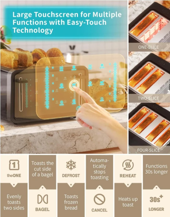 Toaster 4 pieces, Led display touch screen bagel toaster, bagel/heat/defrost/cancel/bake one piece/longer function