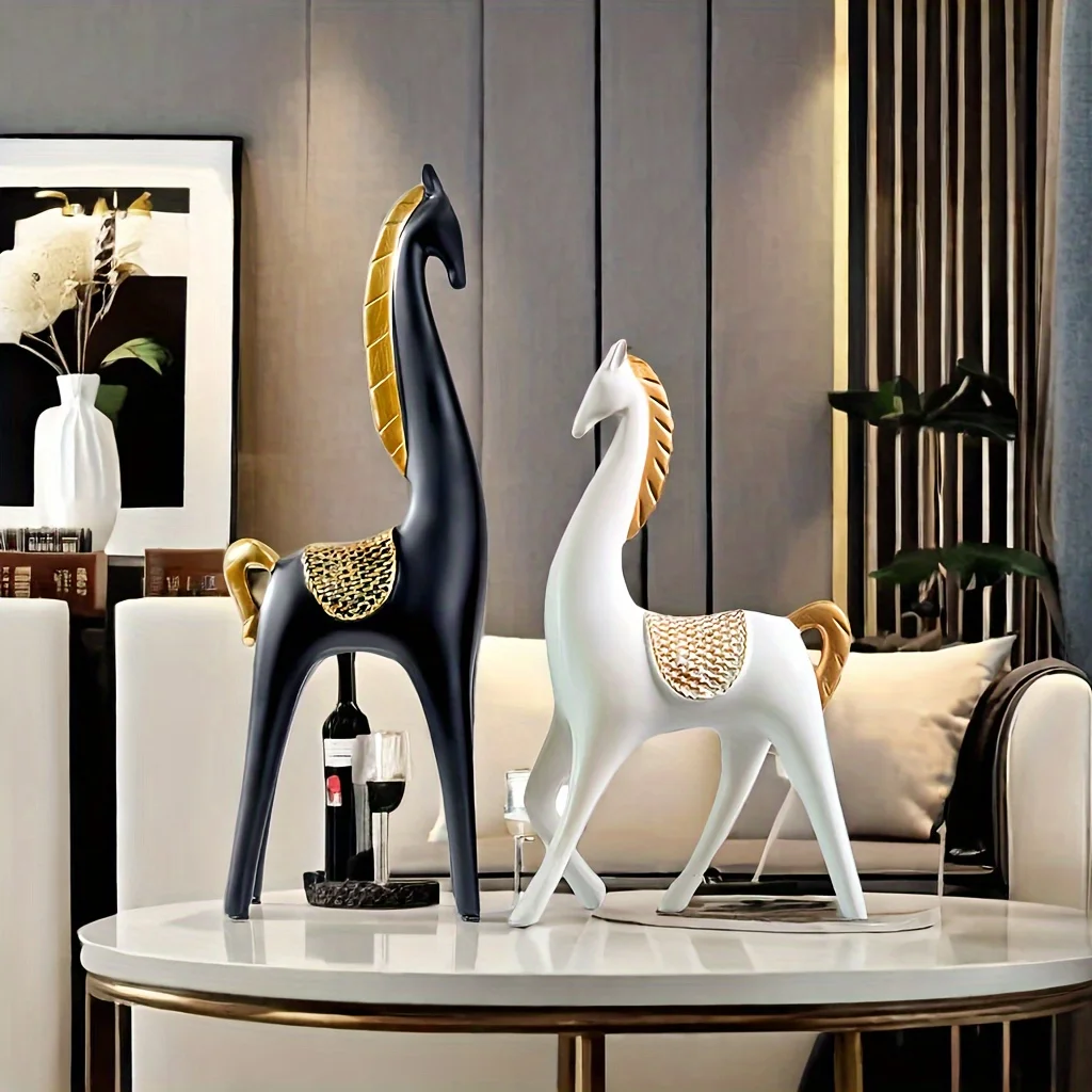 

2pcs Set of Elegant European Couple Horse Figurines Perfect for Living Room, Entryway, Wine Cabinet, TV Stand Decor