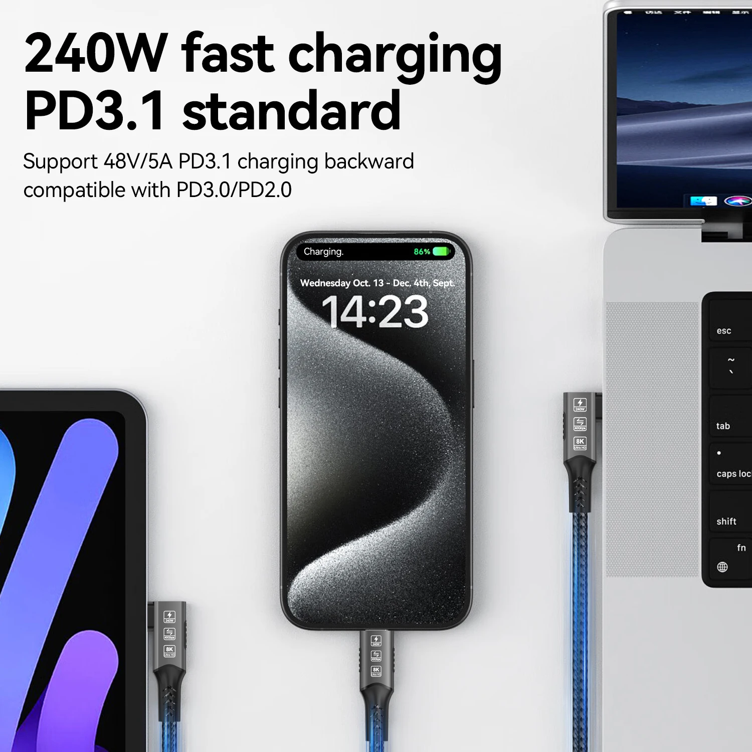 8K@60Hz USB4 Winkelkabel mit Thunderbolt 4 240W Ladefunktion, 40 Gbps Datenübertragung HDR, USB-C zu USB-C Kabel, 90 Grad für MacBook Mac SSD – Detail 7