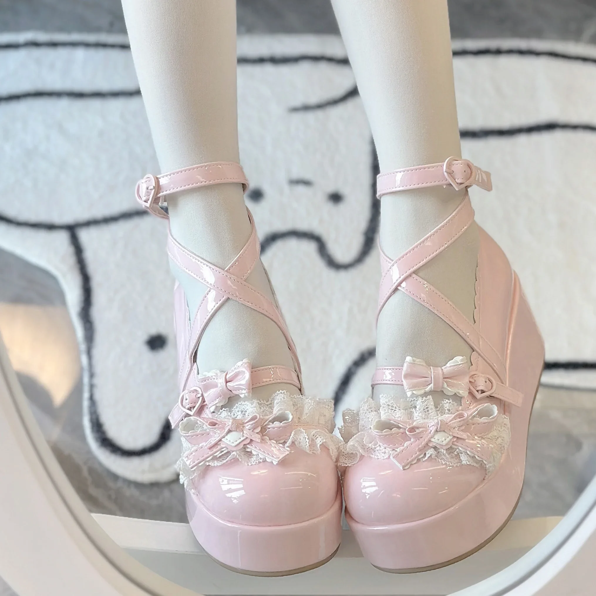 Platform Lolita Schoenen Ronde Kop Leer Casual College Hakken Dames Boog Kant Rand Witte Platform Schoen