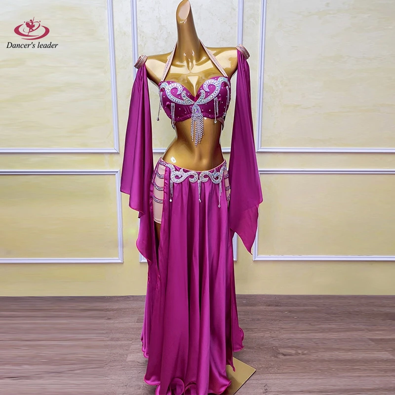 Costume de danse du ventre AB Stone pour femmes et enfants, jupe fendue haut de gamme Rose rouge, Performance Samba, robe Flash haute