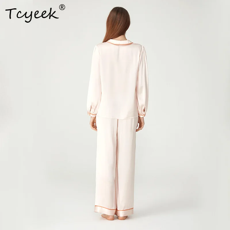 

Tcyeek, 16MM 100%Real Silk Pajama Set, Women Long Sleeve Pants, French Embroidery Sweet Homewear, 2024 Summer Fall S46128QC