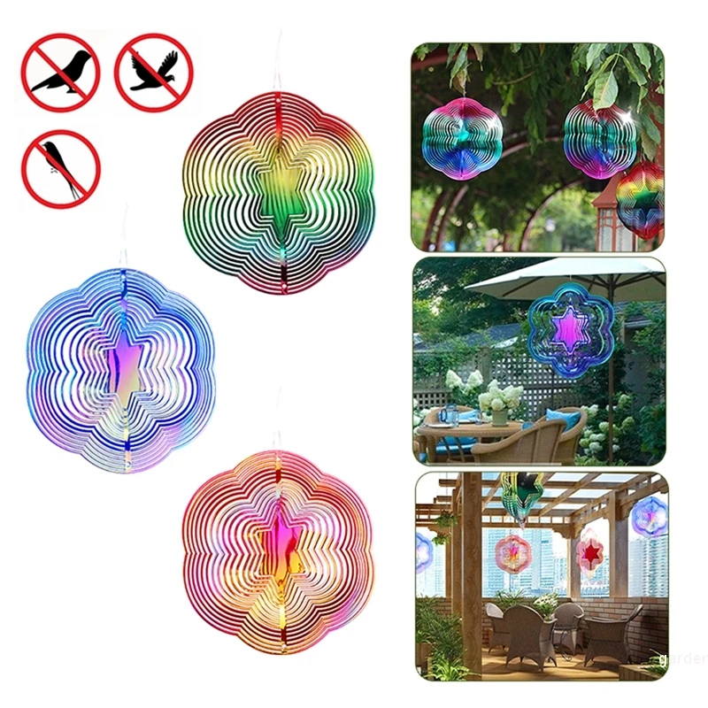 3D Bird Repellent Wind Spinners Anti-Bird Hanging Laser Bird Repeller  Balcony Orchard Hanging Hexagonal Colored Wind Chime