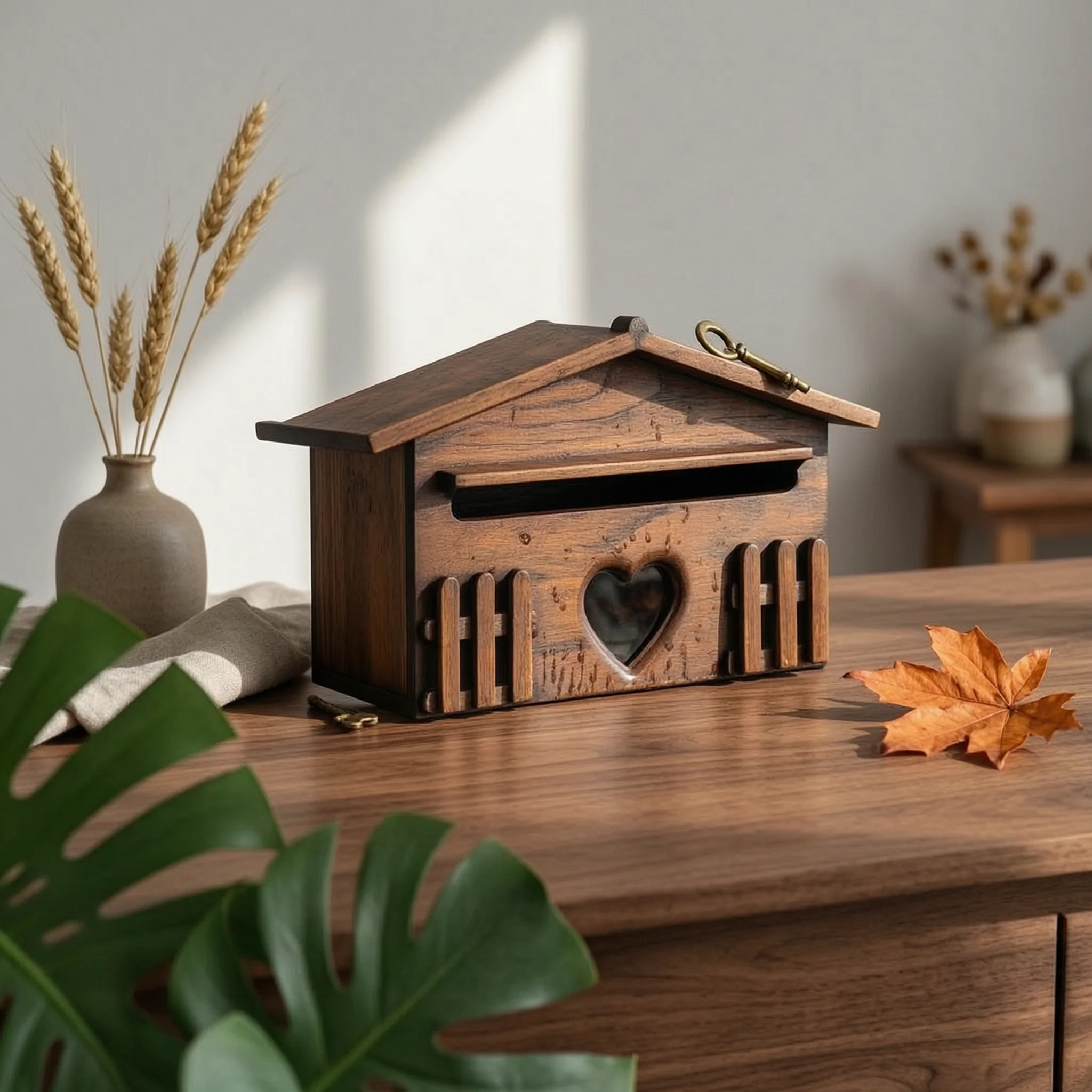 Wooden Mailbox Rainproof Decorative Wall Mailbox Household Fixture Weather-Resistant Outdoor Storage House-Shaped for Garden