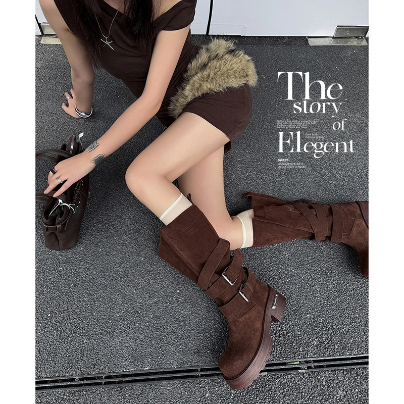 2026 autumn winter women knee-high boots 22-24.5cm cow suede round toe belt buckle Wrinkled platform boots Sexy motorcycle boots