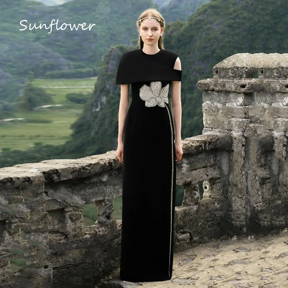 Sunflower Black O-Neck Cap Sleeves Mermaid Formal Evening Dress Saudi Arabia 2024 Slim Beading Crepe Floor-Length Prom Dress