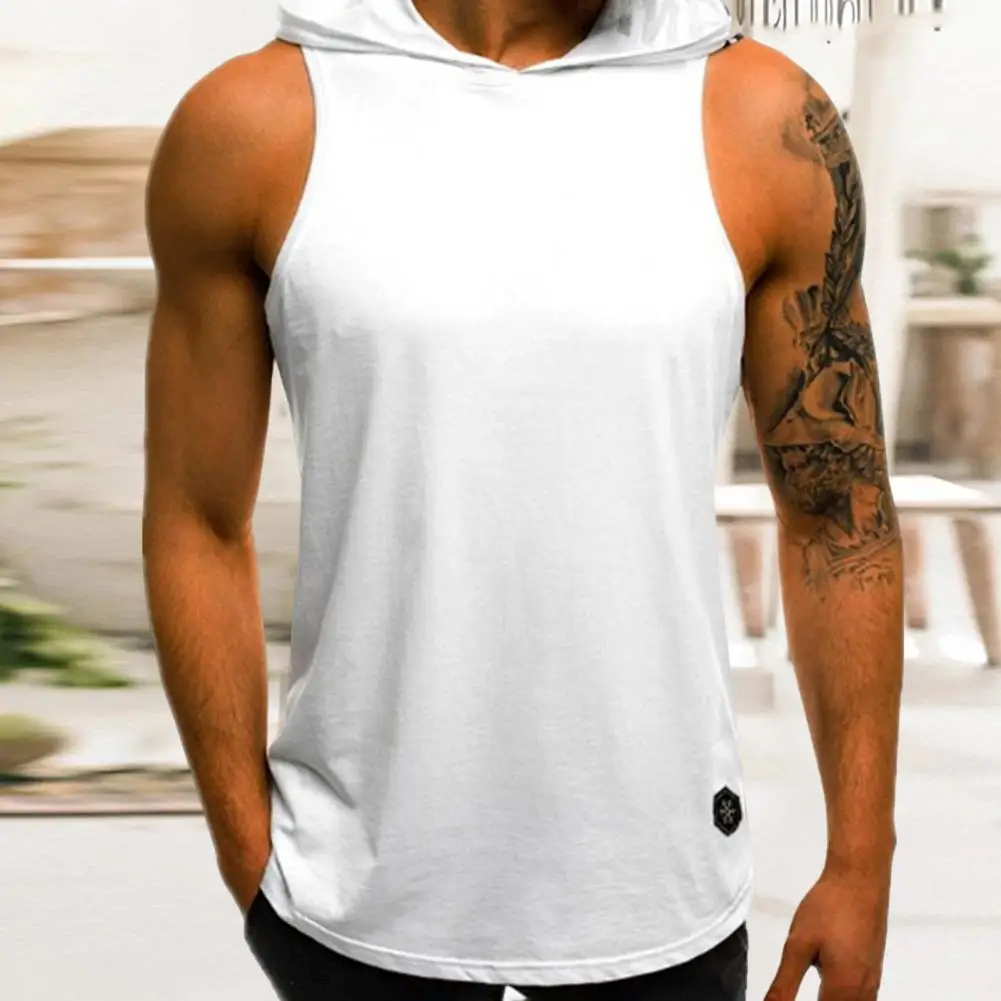 Tank Top for Men Sleeveless Solid Color Sweat Absorption with Hat Quick-drying Polyester Male Sports Vest Fitness Tank Top