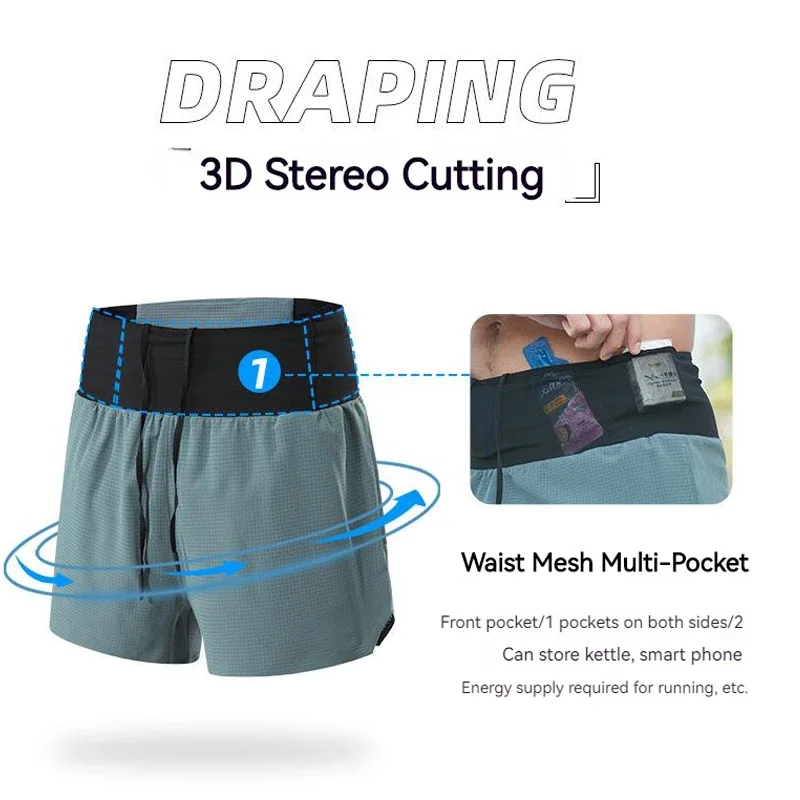 Multi-Pockets Running Shorts Men Quick Dry Workout Training Fitness Jogging Gym Sports Shorts with Waist Pouch(Triangle Liner)