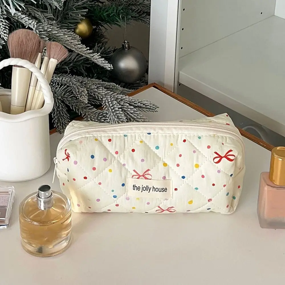 Bowknot Cotton Quilted Makeup Bag Point Canvas Toiletry Cosmetic Pouch Multifunction Large Capacity Stationery Storage Bag Girl