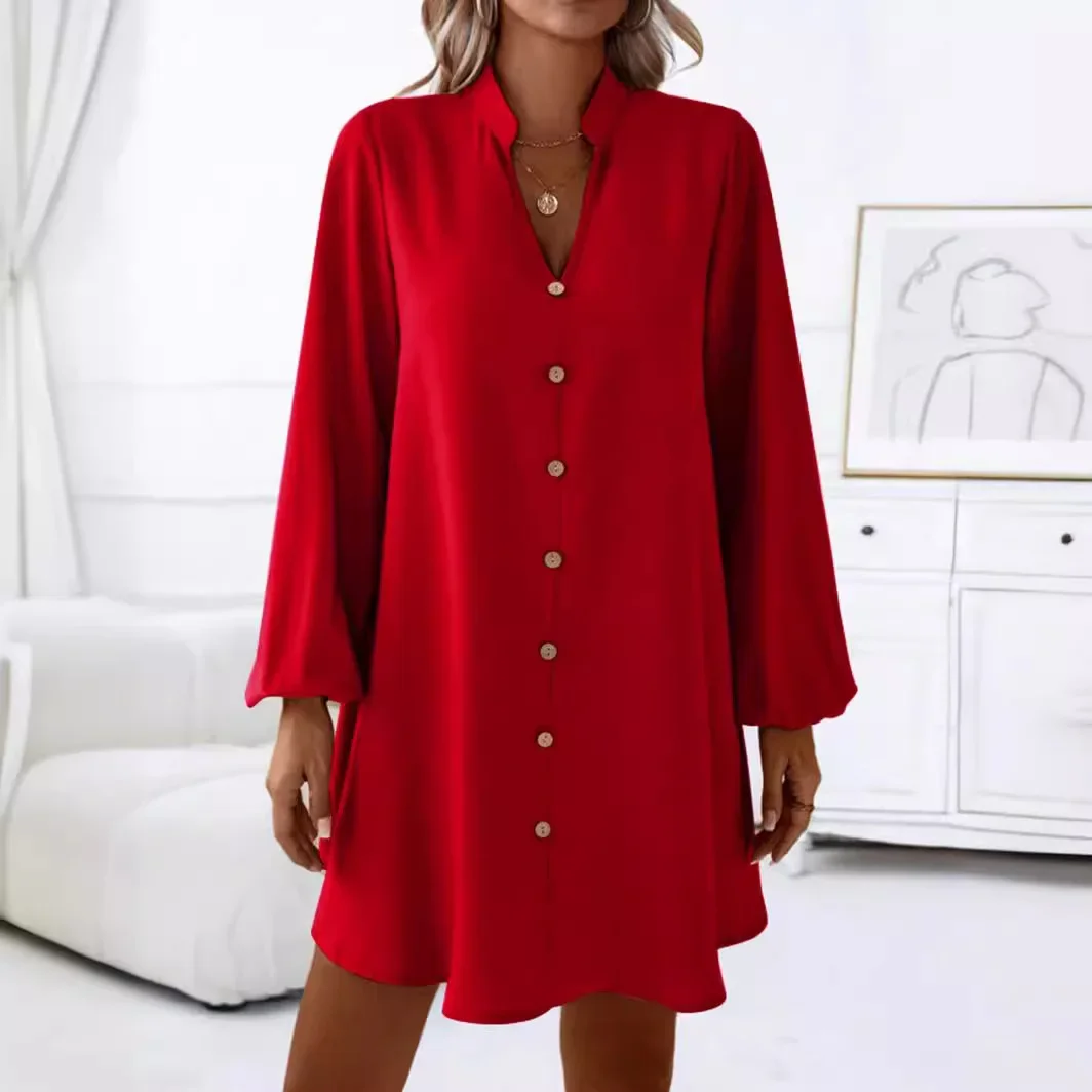 Long Sleeved V Neck Single Breasted Women Party Female Fashion High Waist A Line Office Lady Casual Vestidos Green Chic Dress image 3