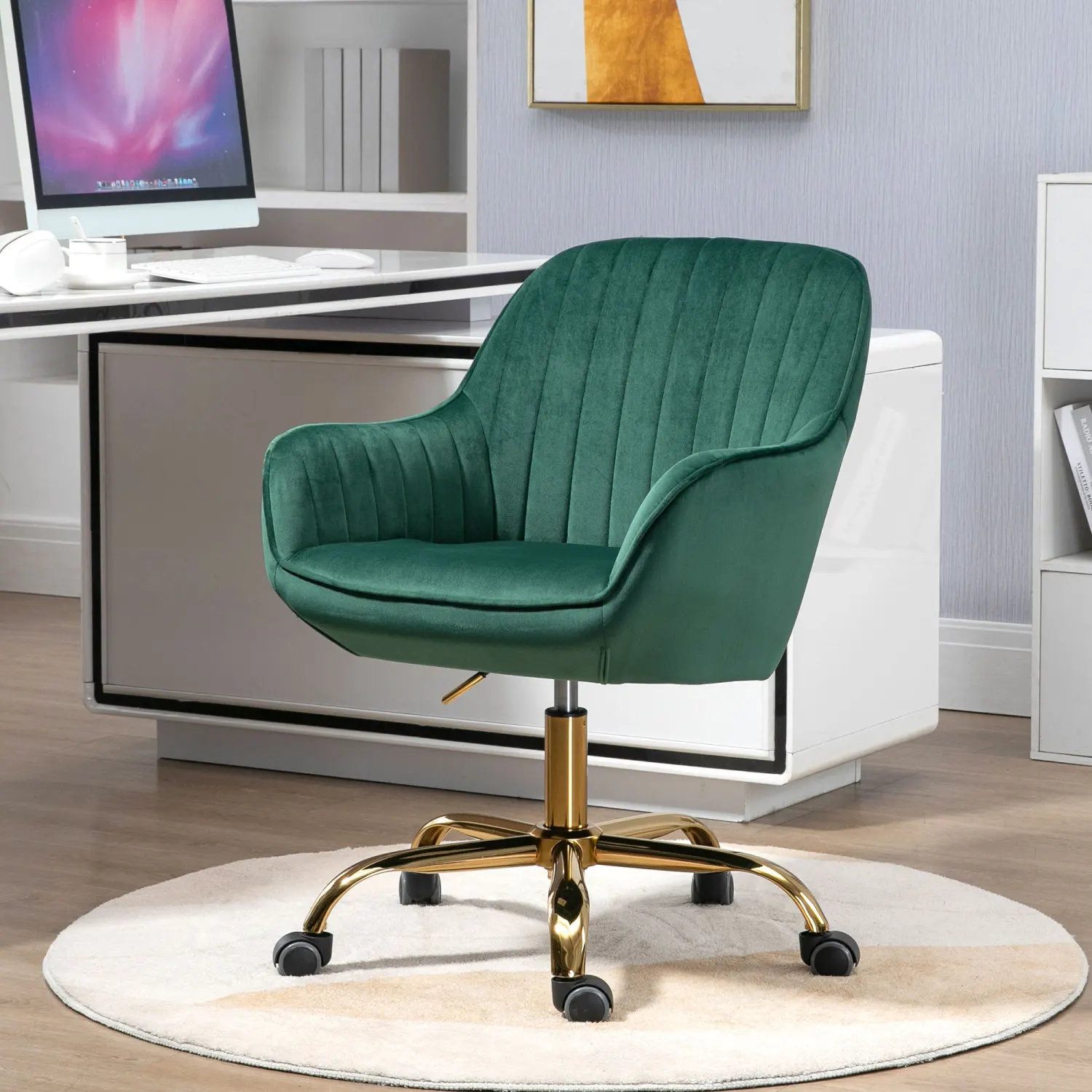 360° Green Velvet Swivel Chair, High Back Adjustable Working Chair, Golden Base