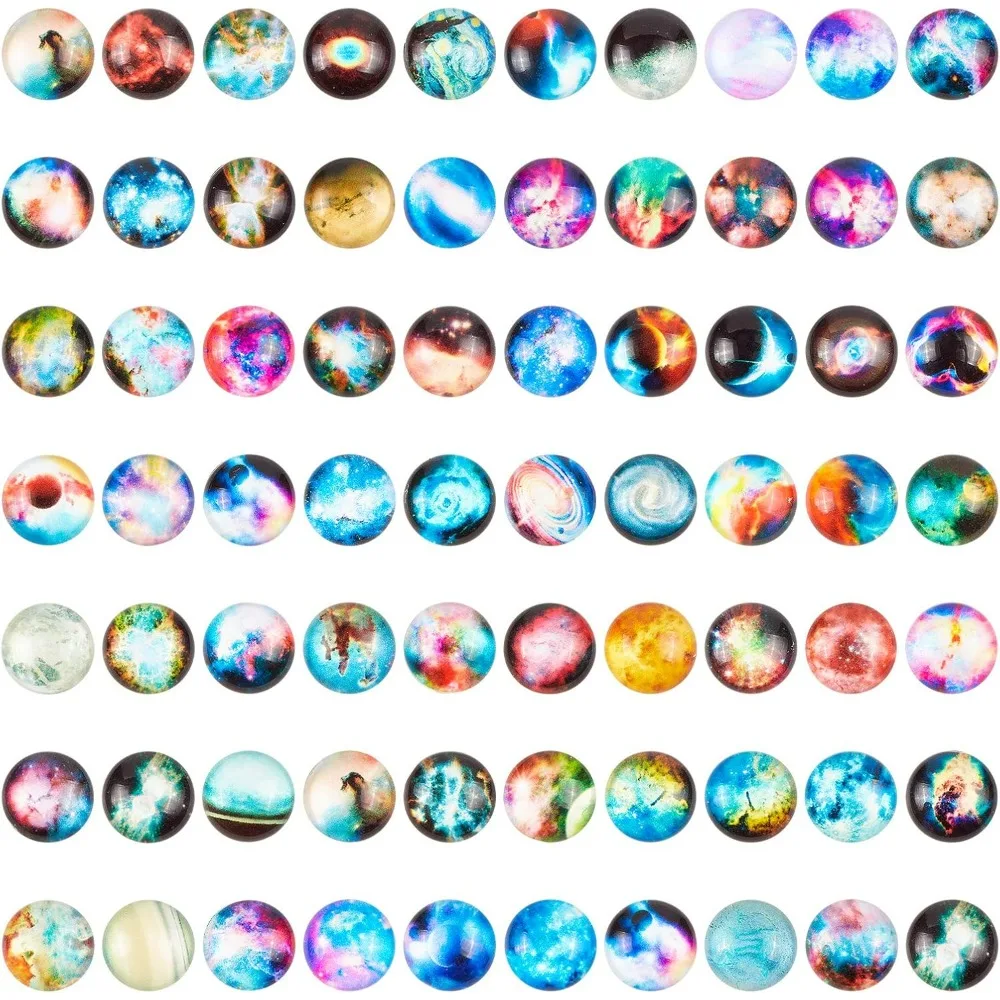 140 Pcs 12mm Printed Glass Cabochons, Flatback Dome Cabochons, Mosaic Tile for Photo Pendant Making Jewelry, Galaxy