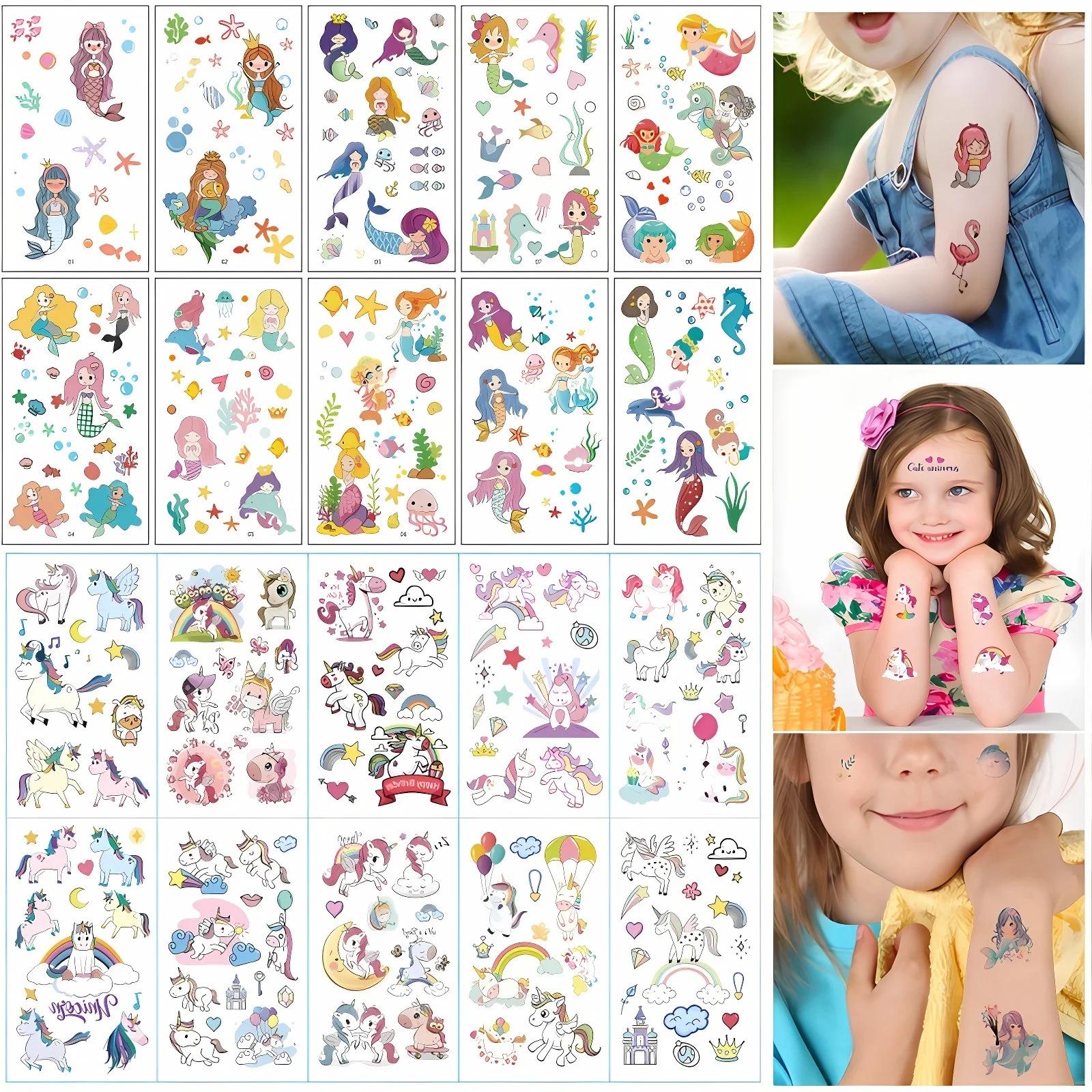 20pcs/set Carton Kids Tattoo Temporary Unicorn Mermaid Girls Fake Tattoss for Hands Face Wrist Finger Body Arm Neck Party Decor