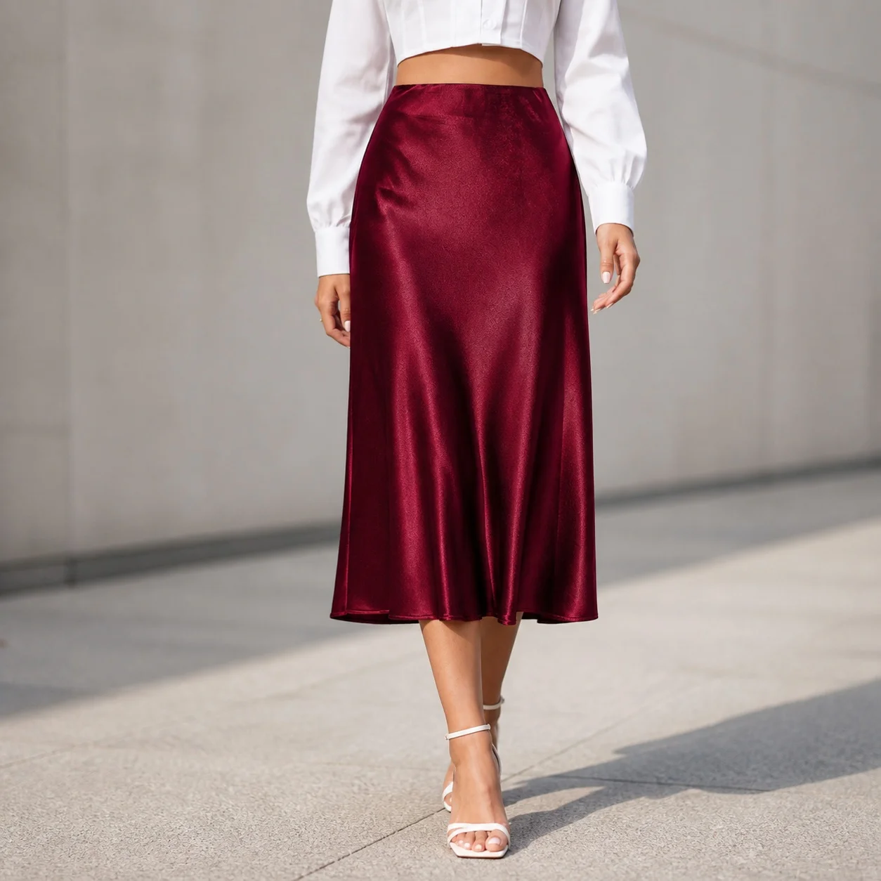 Women's Elegant Midi Satin Skirt Color Block Solid Color Long Skirt For Women For Woman Women's Fashion Bottom Wear Garment