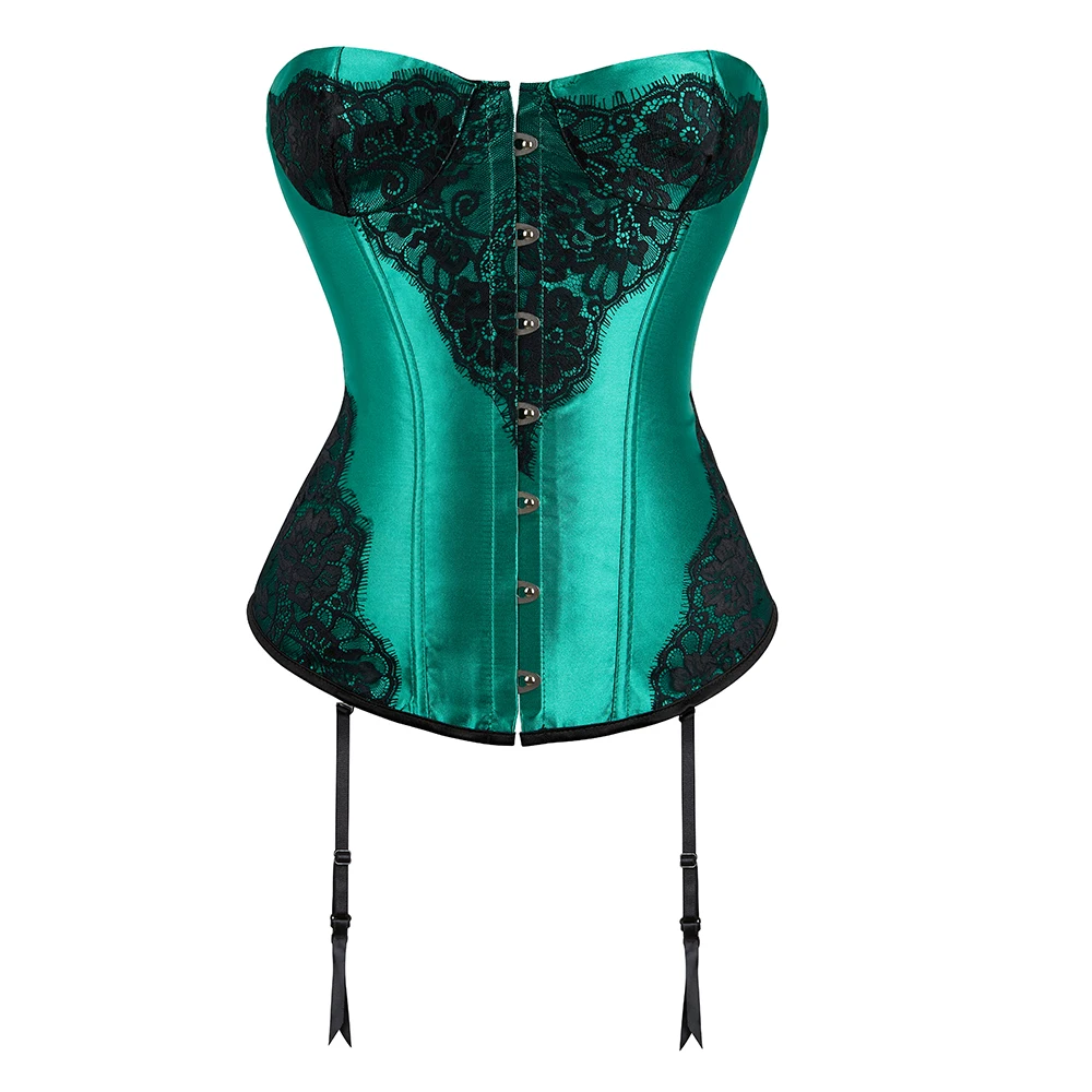 Purple Green Women Strapless Satin Overbust Corset Bustier Top With G String