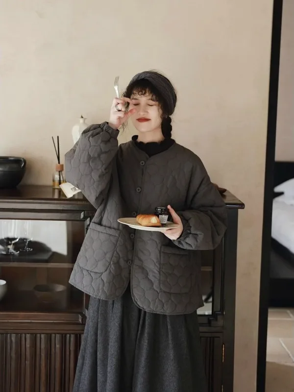 

Women's Artistic Retro Gourd Pattern Puffy Cotton Jaet Loose Autumn Winter Sweet Color Cotton Coat Commute Sle