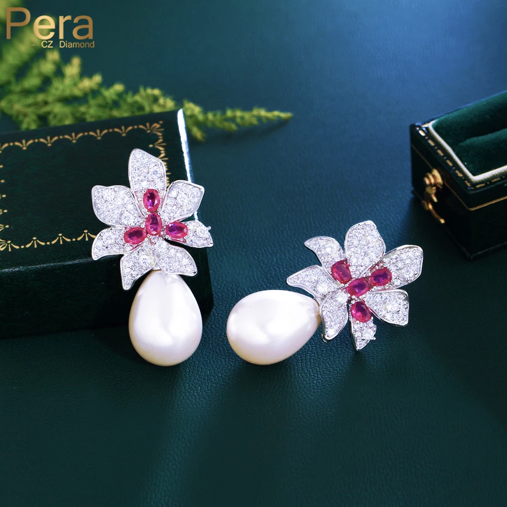 Pera Graceful Big Red White Flower Charm Cubic Zironcia Long Dangle Pearl Drop Earring for Women Banquet Dinner Ear Jewelry E850