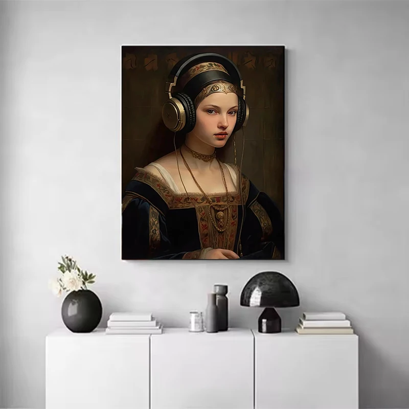 امرأة عصر النهضة ترتدي سماعات الشكل المشارك طباعة خمر تغيير الفن قماش اللوحة الباروك غرفة نوم ديكور المنزل الصورة #5