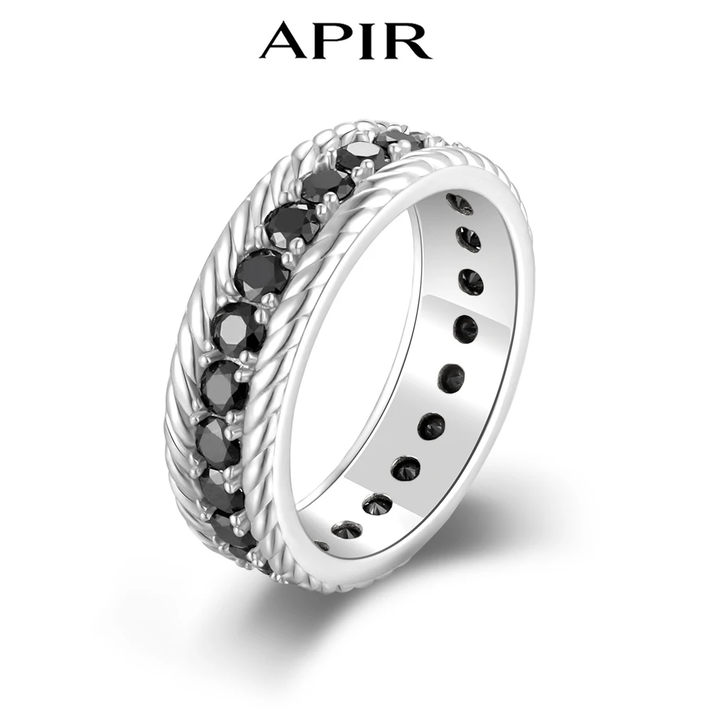 

APIR Black Moissanite Eternal Ring Unisex Stackable 925 Sterling Silver White Gold Plated Promise Wedding Band Fashion Jewelry