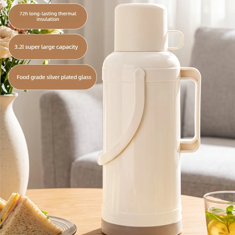 3.2L Glass Lined Thermal Carafe, Double Wall Hot Water Flask with 72H Heat Retention, Sealed Lid for Home Student Daily Use