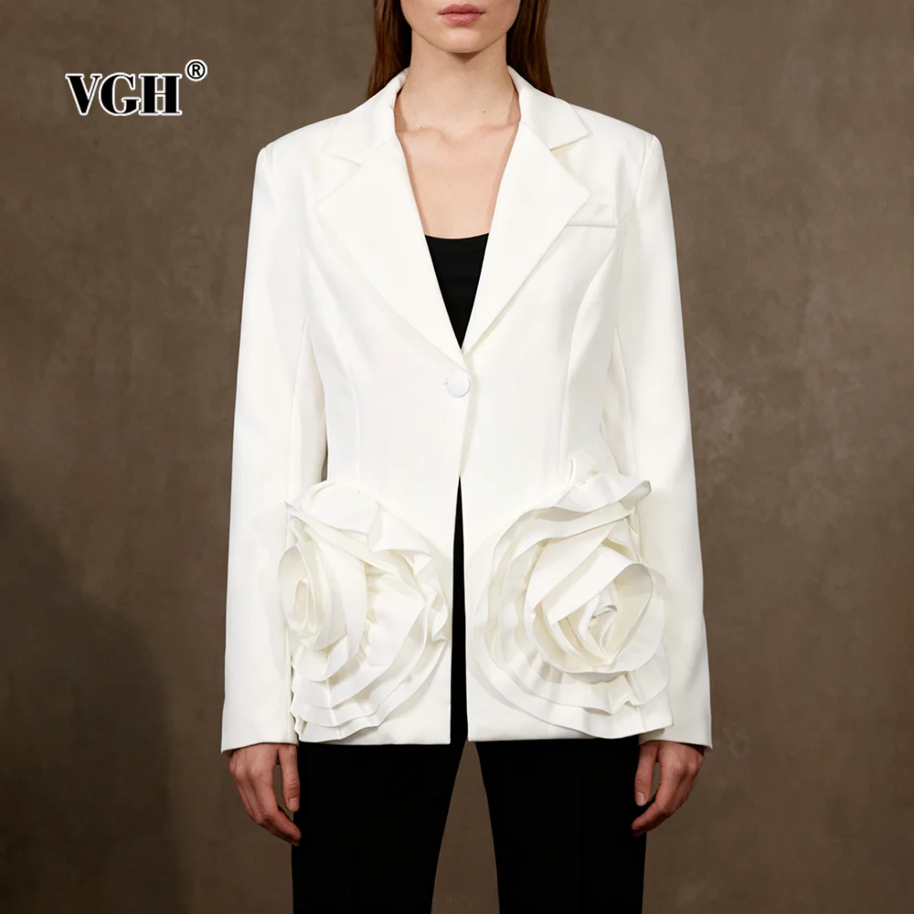 

VGH Elegant Patchwork 3D Rose Chic Blazer for Women Notched Collar Long Sleeve Formal Basics White Coat Female Autumn Clothing
