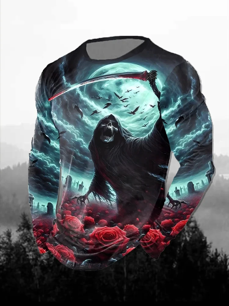 Mens Long Sleeve T- Shirt  Dark Gothic Style With Distinct Vintage Print -Halloween Design Trend-Setting Tee for Stylish Men