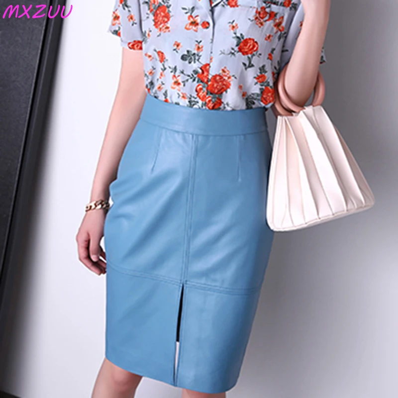 

Women Harajuku High Waist Professional OL Slim Temperament Sheepskin Rock Damen Genuine Leather Wrap Hip Fork Skinny Maxi Skirt