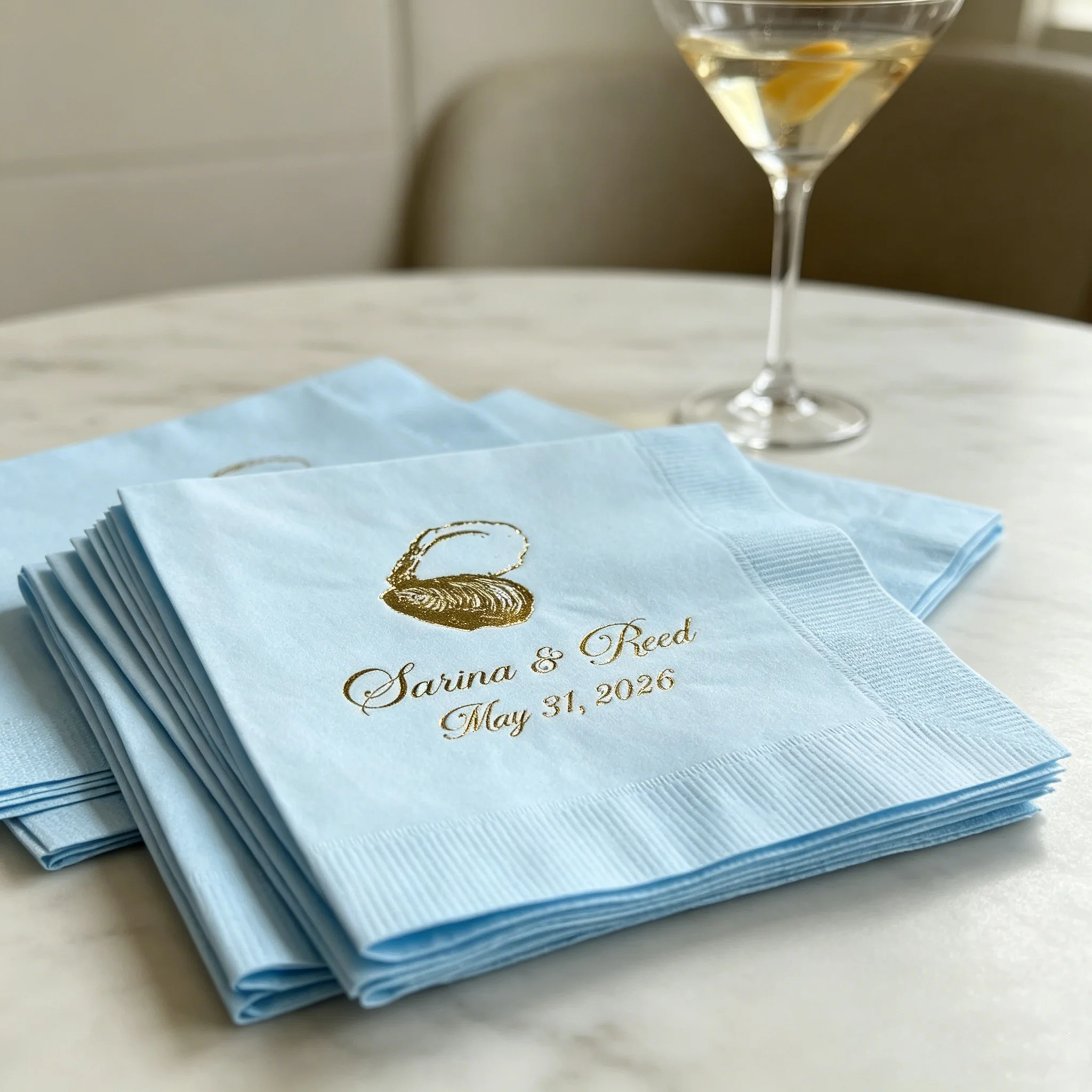 

50pcs Custom Coastal Oyster Wedding Napkins, Personalized Couple Names & Date Disposable Cocktail Napkins, Multi-Colors for Beac