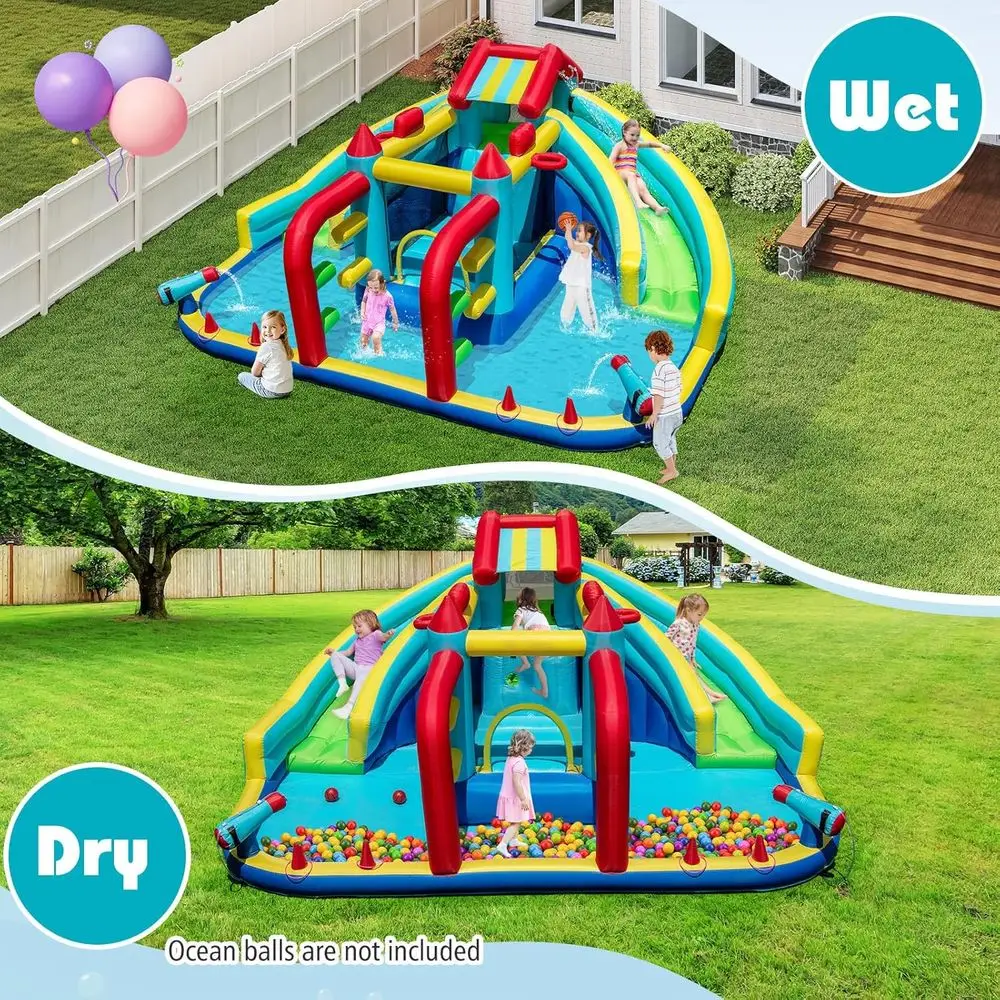 Iatable Water Slide, Giant Double Long Slide/Bounce House/Climbing Wall/Obstacle Course, Water Cannon, Splash Pool, Outdoor Blow