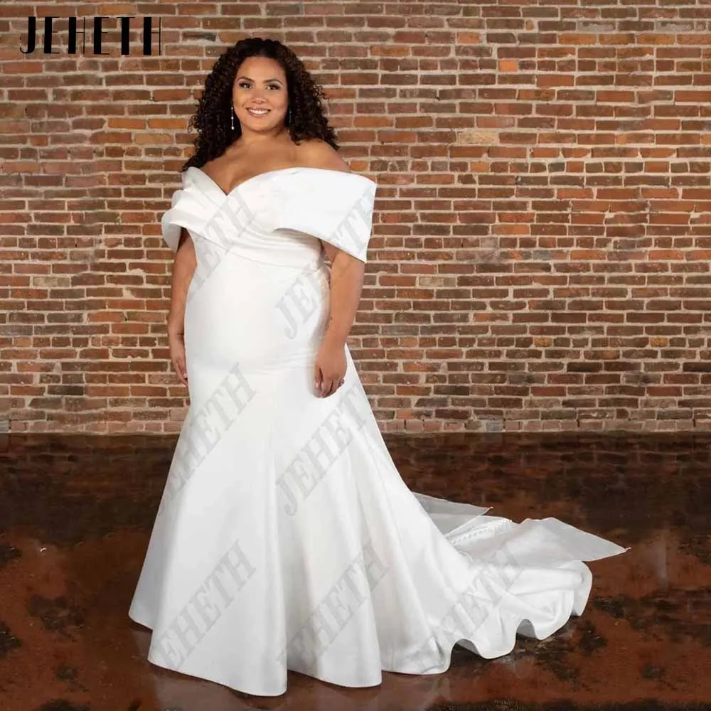 

JEHETH Elegant Wedding Dress Plus Size Woman Off Shoulder V-Neck Bride Gowns Modern Satin Mermaid Sweep Train vestidos de novia