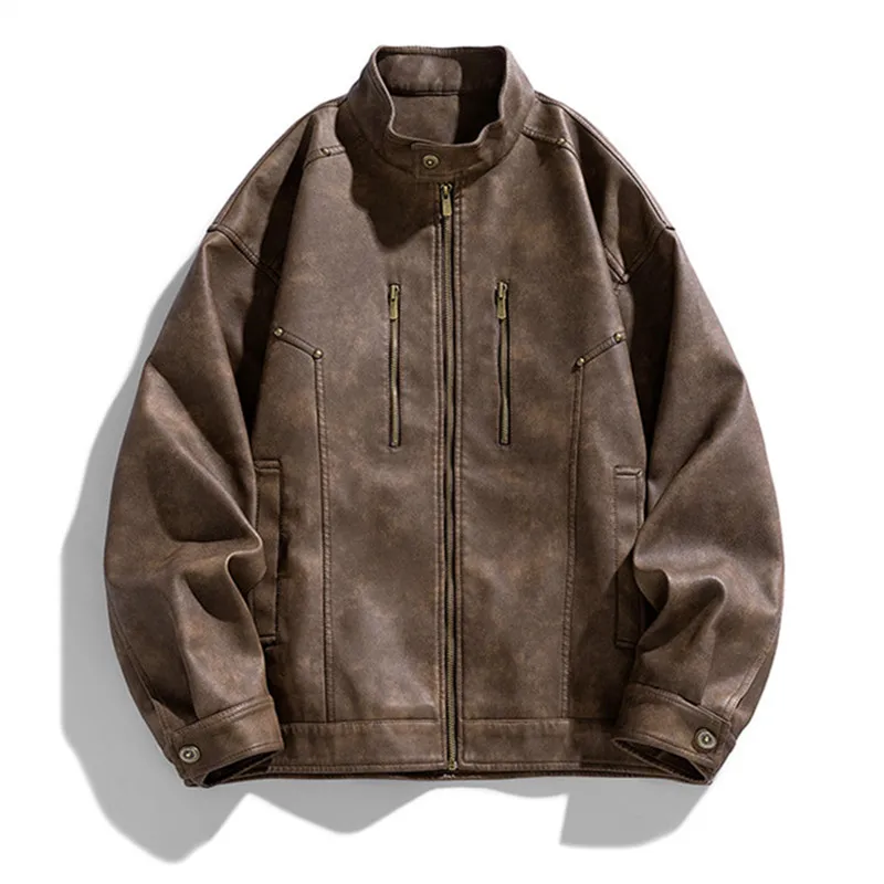 American Style Stand Collar Faux Leather Jacket Men Trend Motorcycles Casual Outwear Male Autumn Winter Loose Moto Biker Coats