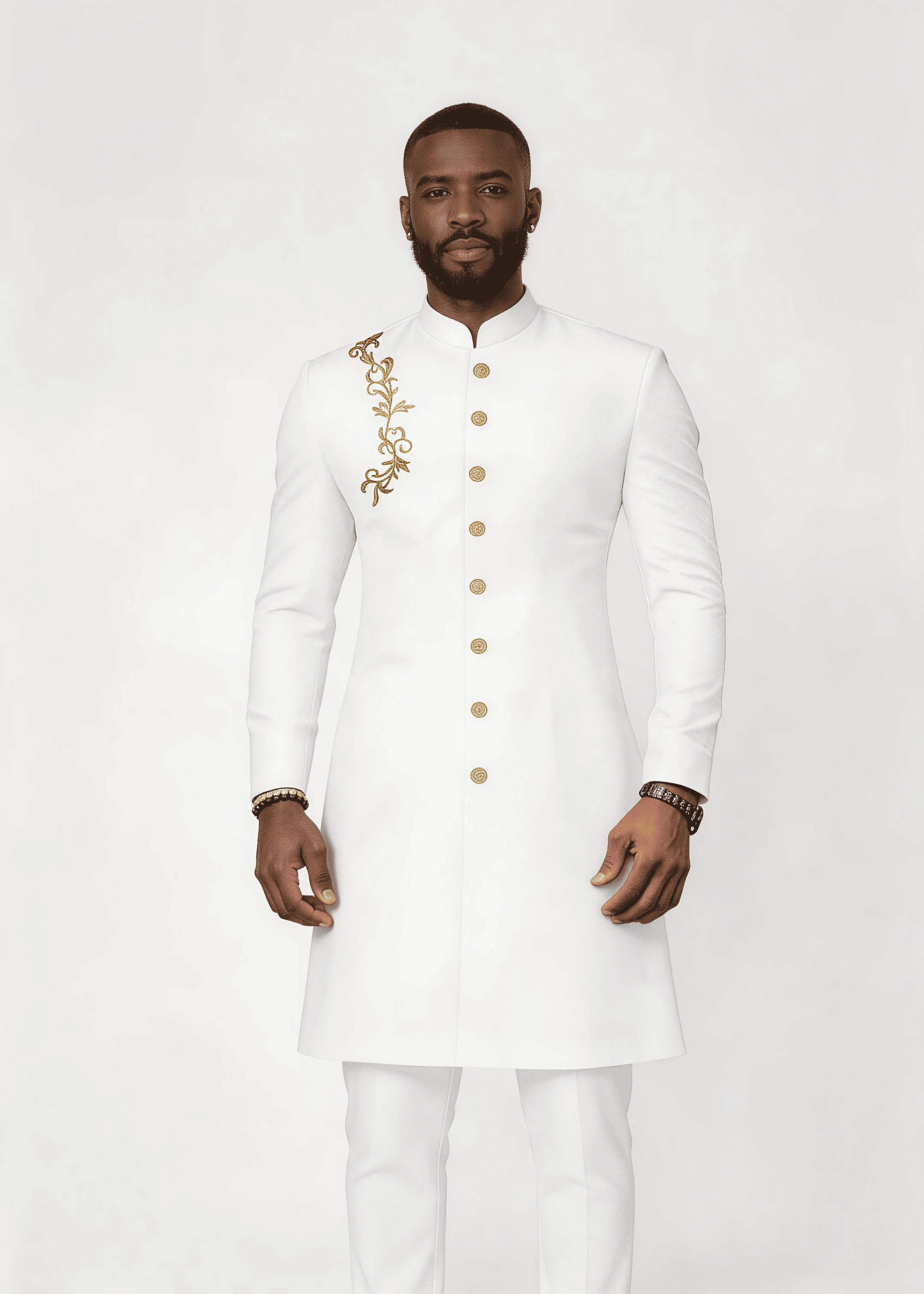Men’s Solid White Gold Floral Embroidery Formal Wear Set Stand Collar 2 Piece Wedding Groom Tunic Jacket & Pants Prom Homecoming