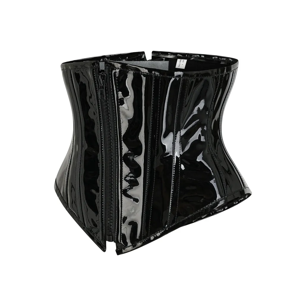 Oil Glossy PU Leather Underbust Corset for Women Steampunk Waist Trainer Zip Bustiers Body Shaper Black PVC Short Torso Corsets