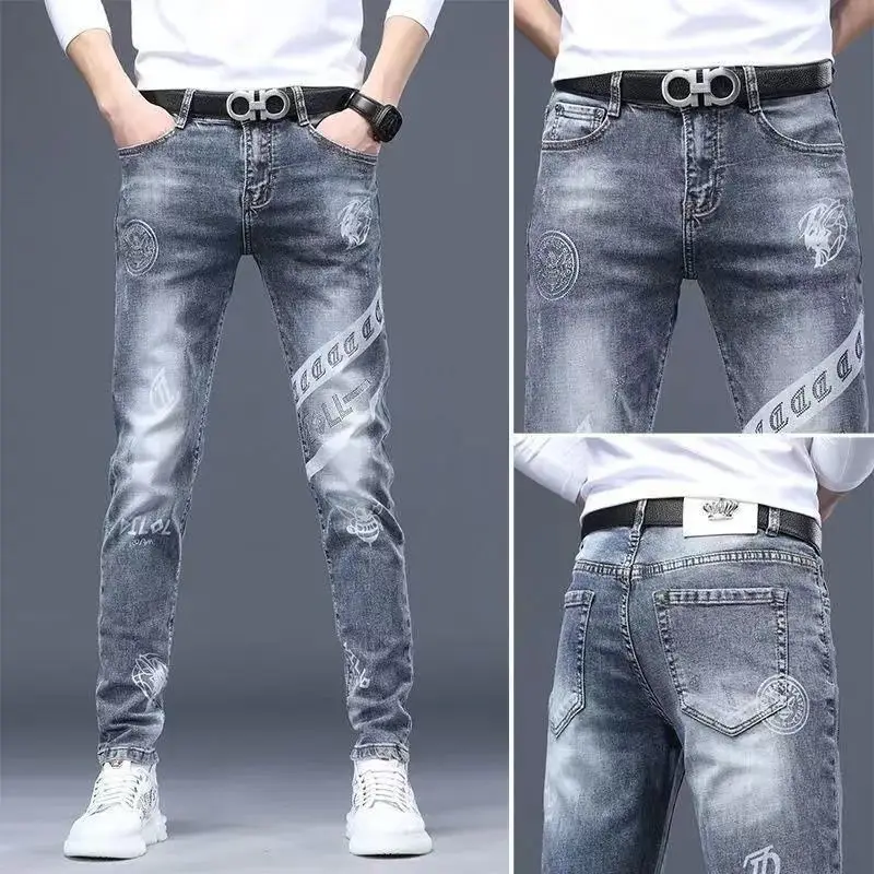 

New Autumn and Winter Denim Pants with Men's Hot Stamping Diamond Print Slim Fit and Small Feet New Versatile Pants