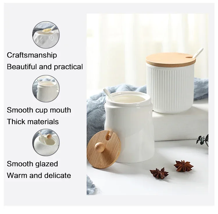 Ceramic Seasoning Jars with Wooden Lid Salt Shakers Kitchen Supplies White Spice Organizer Canister Spoon Set White Sugar Box