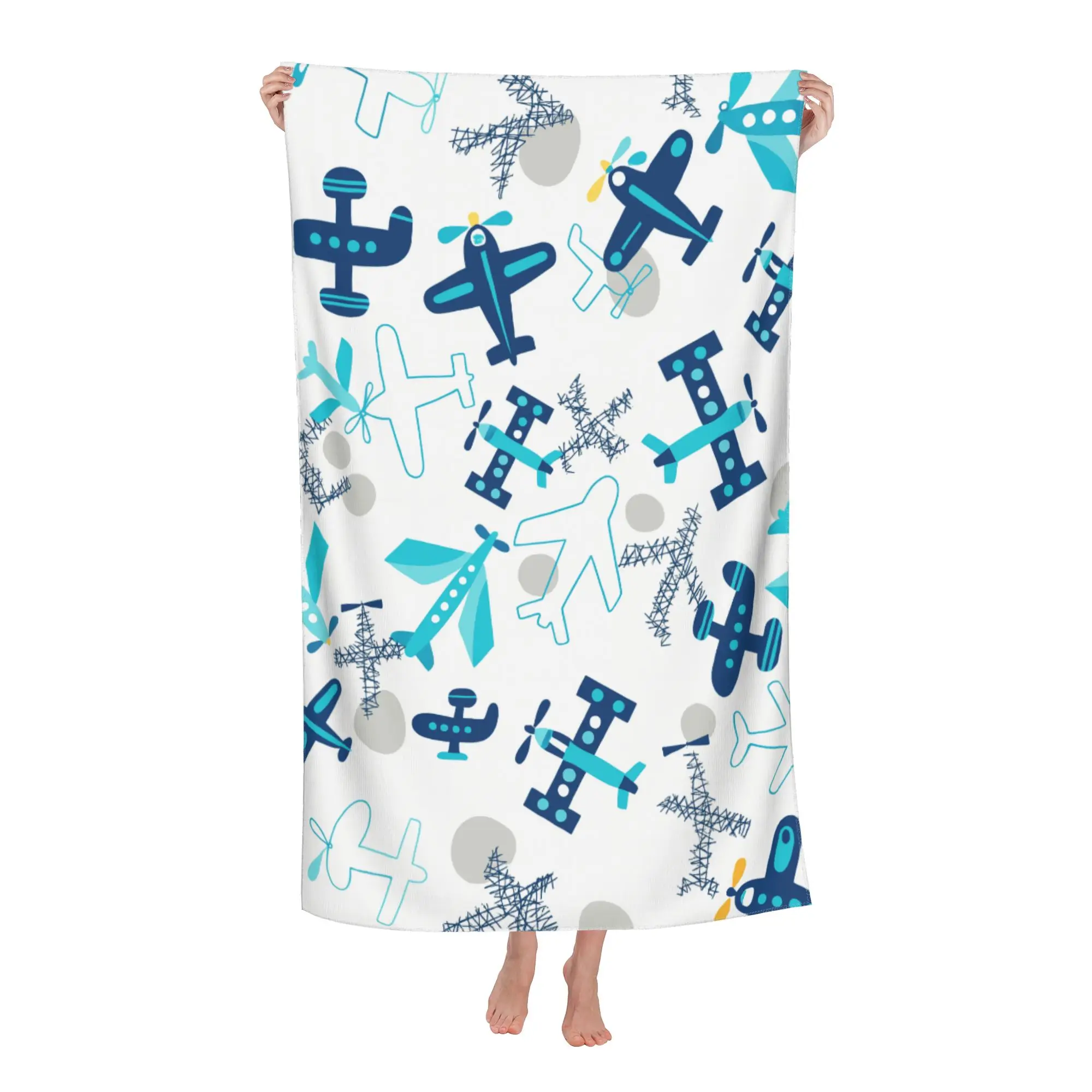 Aviation Themed Cartoon Style Airplane Pattern Beach Towel Natural Sand Ultra-fine Fiber Bath Towel Ultra Soft Quick Drying