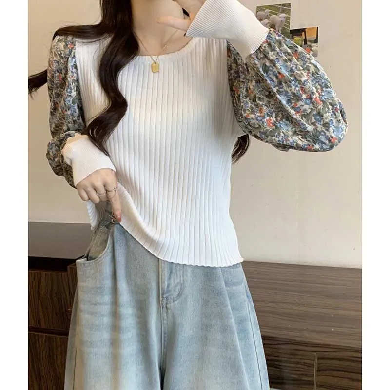 Fashion O-Neck Korean Spliced Floral Puff Sleeve T-Shirt Female Clothing 2024 Spring New Loose Casual Tops All-match Tee Shirt