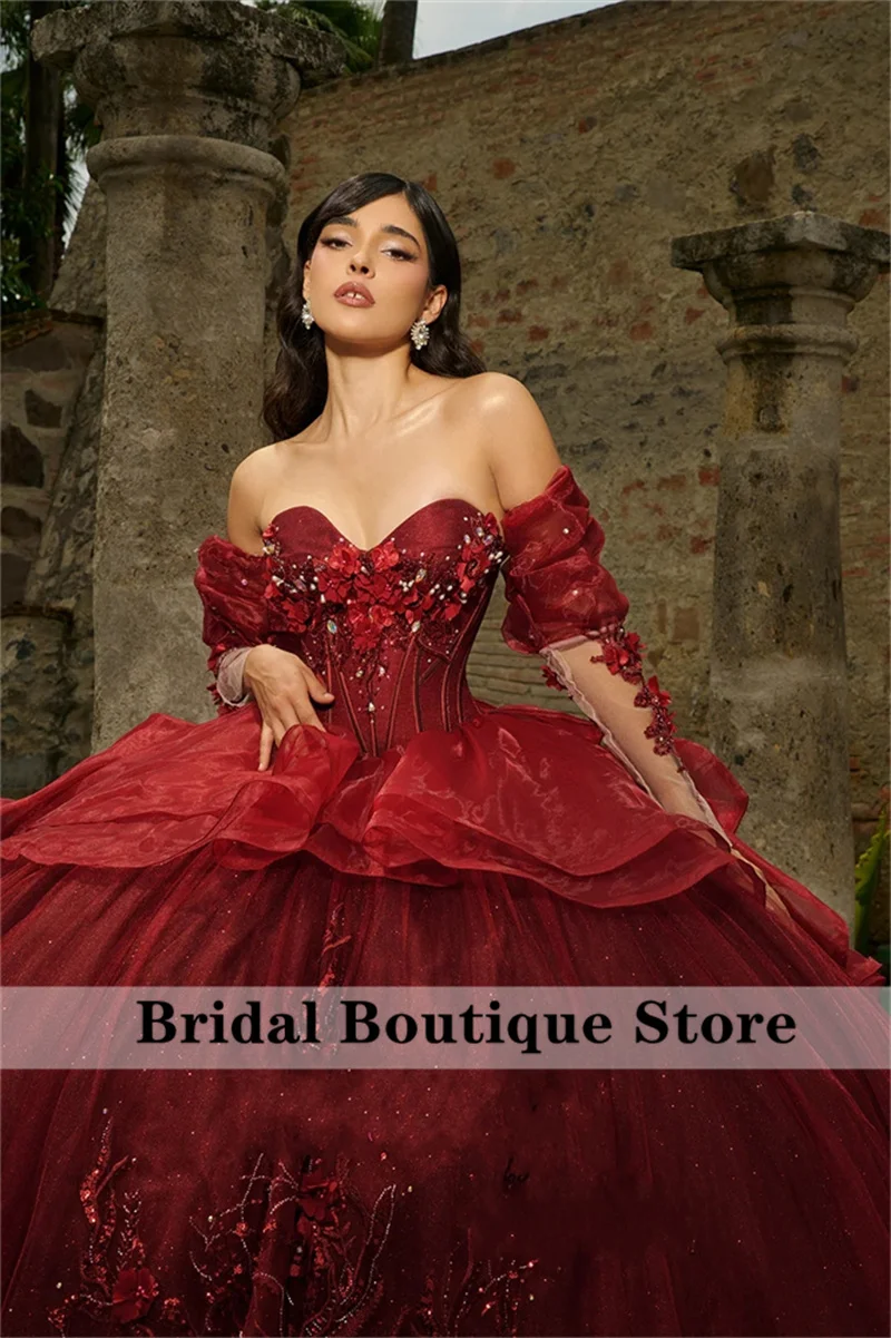 Luxury Burgundy Princess Quinceanera Dress Corset Gown Flower Crystals Beads Vestidos De 15 Años Birthday Party Gown  Customized