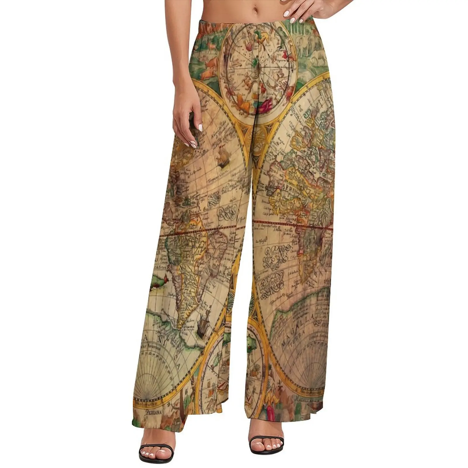 Old World Map Globe Pants Vintage Map Workout Wide Pants Women Oversized Aesthetic Custom Straight Trousers