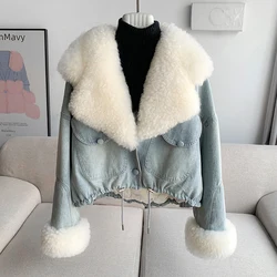 Lady Winter Goose Down Denim Jacket Coat Big Real Wool Collar Women Outerwear Thick Warm Padding Coats