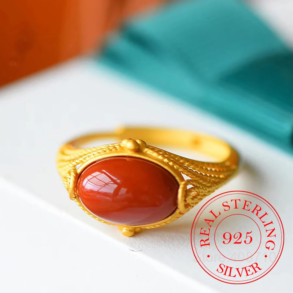 925 Sterling Silver Jewelry Luxury Natural Egg Red Agate Finger Rings for Women Wedding Party Jewelry For Girls Friend Gift