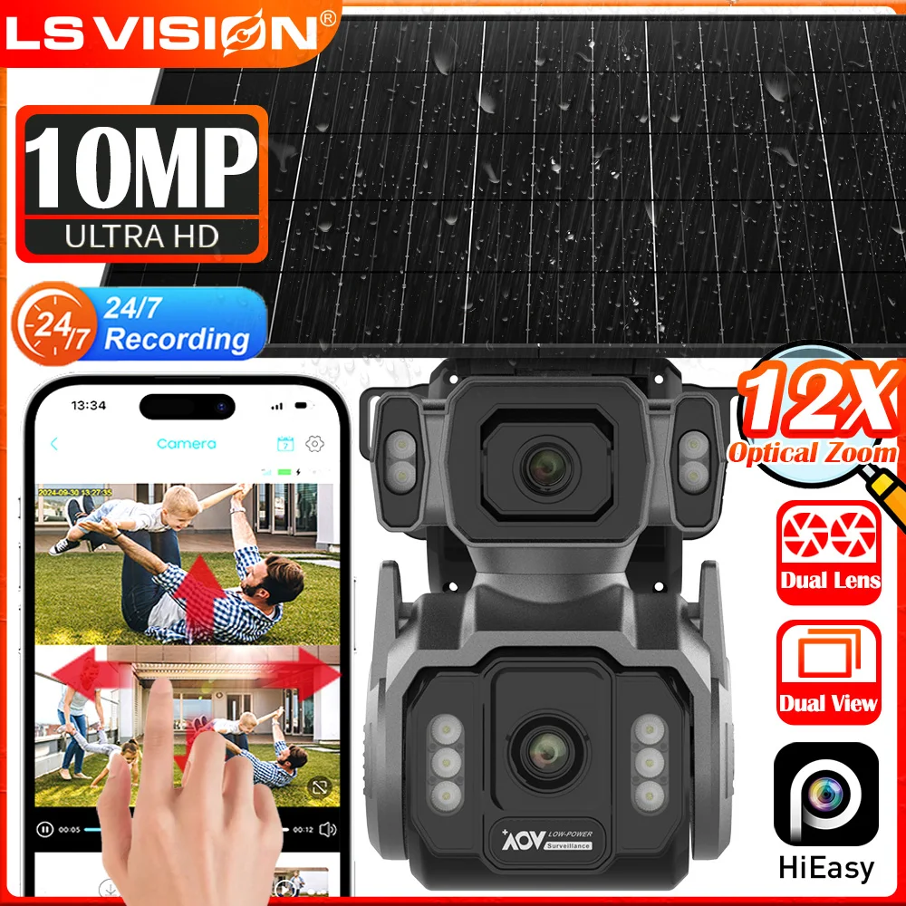 Cámara Solar LS VISION de 10MP AOV con SIM 4G, Grabación 24/7, Zoom Óptico 12X, Cámara de Seguridad PTZ con Pantallas Duales y Seguimiento Automático CCTV