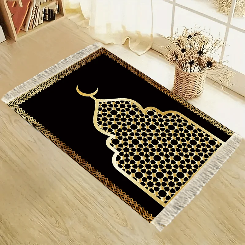 VIKAMA Alfombra de Oración Retro con Diseño Geométrico de Estrellas y Luna en Negro y Dorado, Alfombra de Oración Al Fitr, Alfombra Islámica para el Hogar